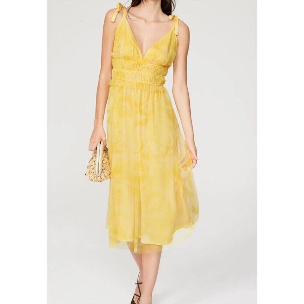 Louna Yellow Printed Midi Tie Shoulder Sundress Mesh Layered Women’s Size Small